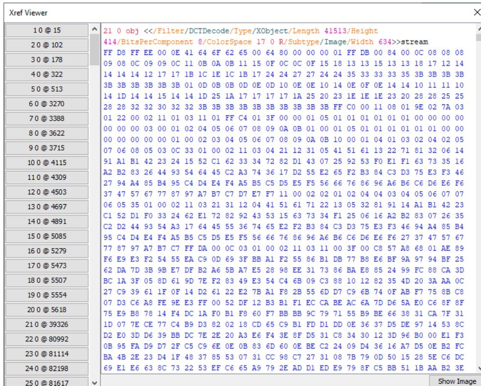 Screenshot of the JPedal Xref Viewer showing the cross-reference table for a PDF file. The left pane lists object numbers and their corresponding byte offsets, and the right pane shows the raw PDF object code for the selected object (21 0 obj).