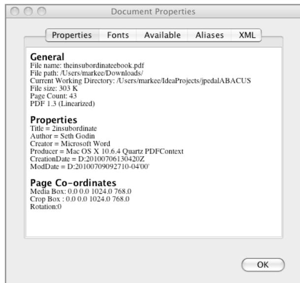 JPedalのDocument Propertiesウィンドウのスクリーンショット。Propertiesタブが選択されており、PDF 1.3 (Linearized) と表示されています。