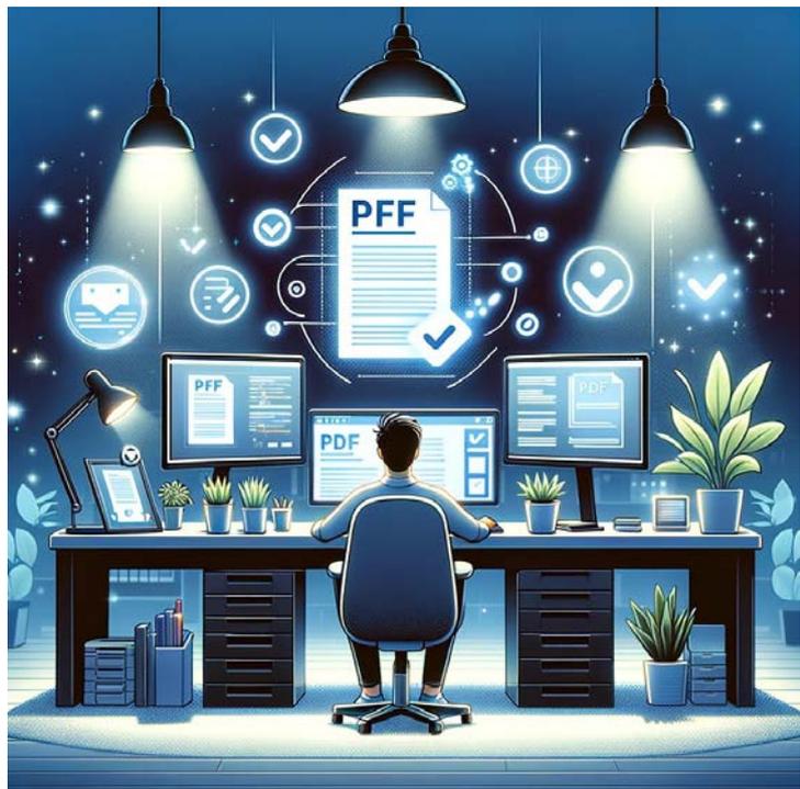 Illustration of a person sitting at a desk working on a computer, surrounded by glowing digital icons representing PDF files, checkmarks, and other development tools, symbolizing a successful project.