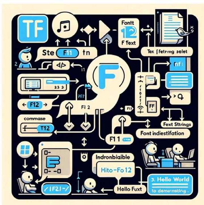 A complex, colorful diagram illustrating the structure of text in a PDF. It features a central large yellow circle with the letter 'F'. Surrounding it are various icons and labels related to PDF text handling, such as 'TF' (Text font), 'F1' (Font identifier), 'TJ' (Text show), 'Ste' (Steaming), 'commase' (Comma), 'Indronbiaible' (Indronbiaible), 'Hito-Fo 12', 'Hello Fuxt', and '3. Hello World to demonstrating'. There are also icons for a computer, a person, and a document.