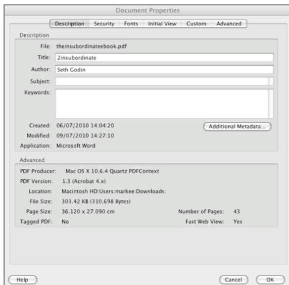 AcrobatのDocument Propertiesウィンドウのスクリーンショット。Descriptionタブが選択されており、PDF Version: 1.3 (Acrobat 4.x) と表示されています。