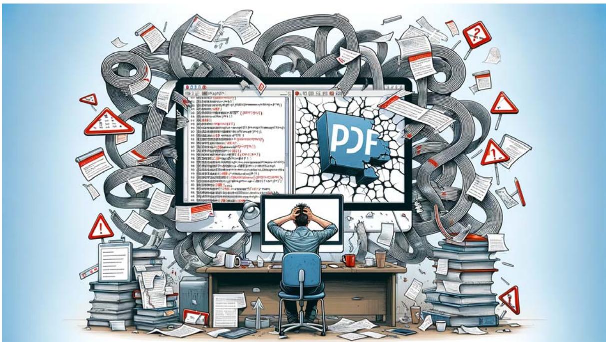 Illustration of a developer at a desk overwhelmed by a chaotic tangle of PDF documents, warning signs, and a large computer monitor displaying a complex PDF structure.