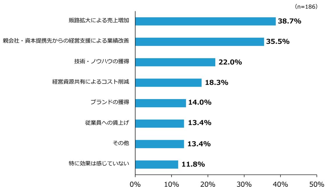 Horizontal bar chart showing the effects of capital cooperation for 186 respondents. The chart shows percentages for various effects, with 'Sales increase due to channel expansion' being the highest at 38.7%.