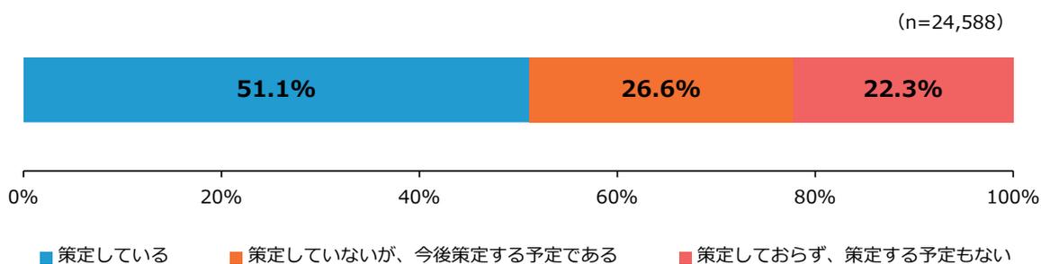 Stacked bar chart showing the status of business plan formulation. 51.1% are formulated, 26.6% are planned for the future, and 22.3% are not formulated.