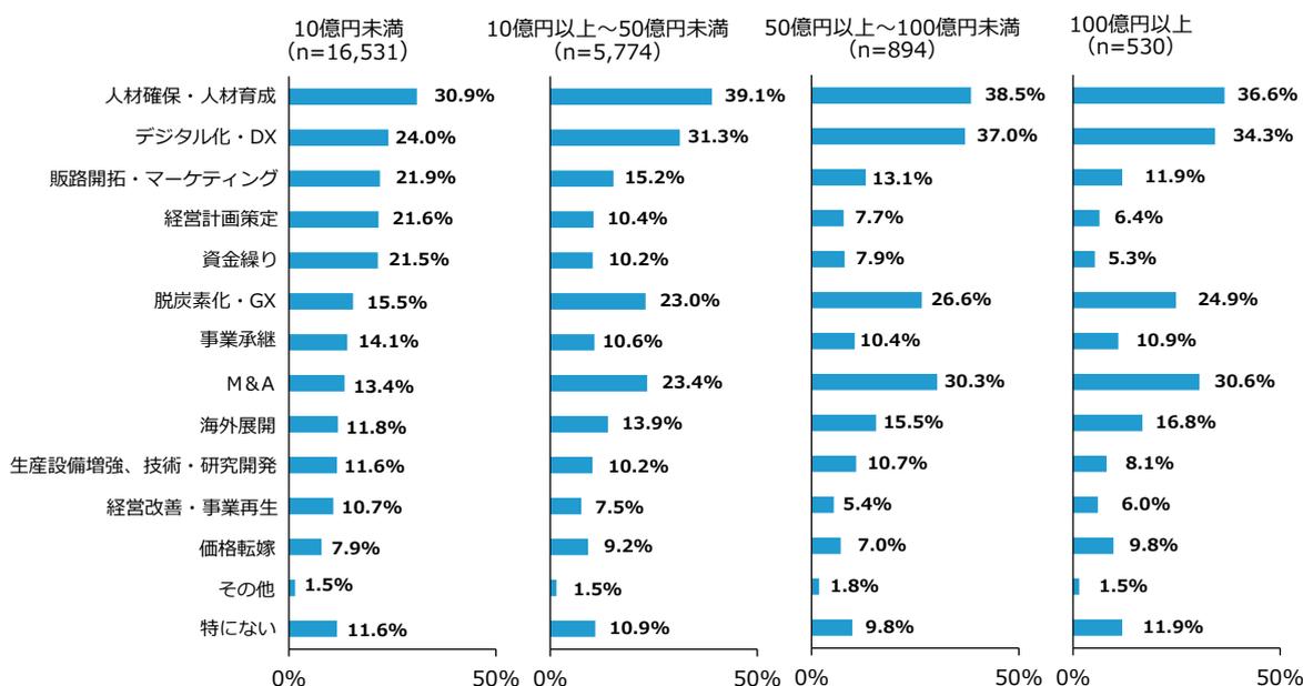 Horizontal bar chart showing management issues that are difficult to respond to independently by scale. The chart compares 14 issues across four scale categories: 10億円未満 (n=16,531), 10億円以上～50億円未満 (n=5,774), 50億円以上～100億円未満 (n=894), and 100億円以上 (n=530).