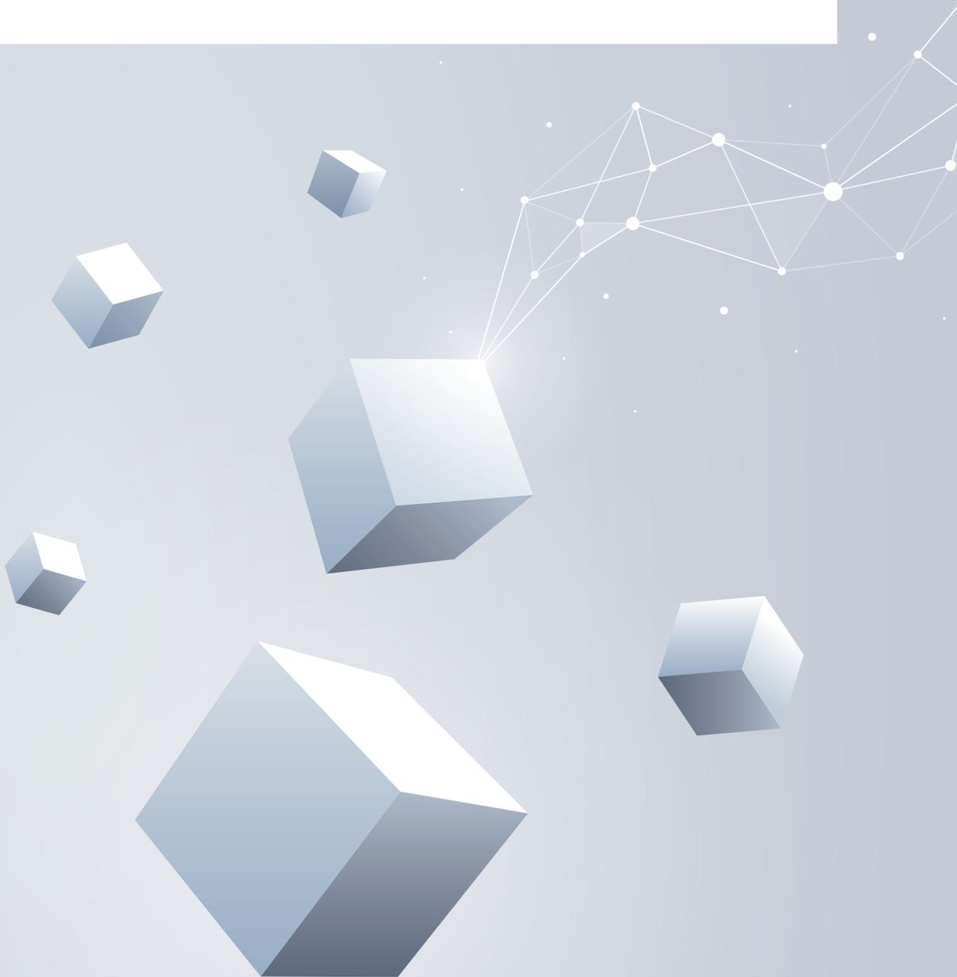Abstract graphic design featuring several 3D cubes of varying sizes and orientations, connected by a network of lines and dots, set against a light blue background.