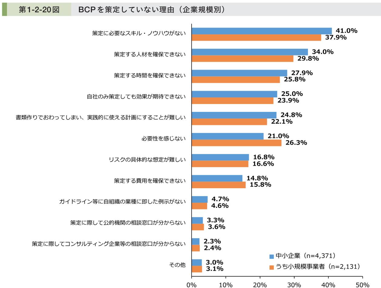 Horizontal bar chart comparing reasons for not creating a BCP between SMEs and small-scale businesses. The chart shows percentages for 12 reasons, with the top two being 'lack of skills/knowledge' and 'inability to secure personnel' for both groups.