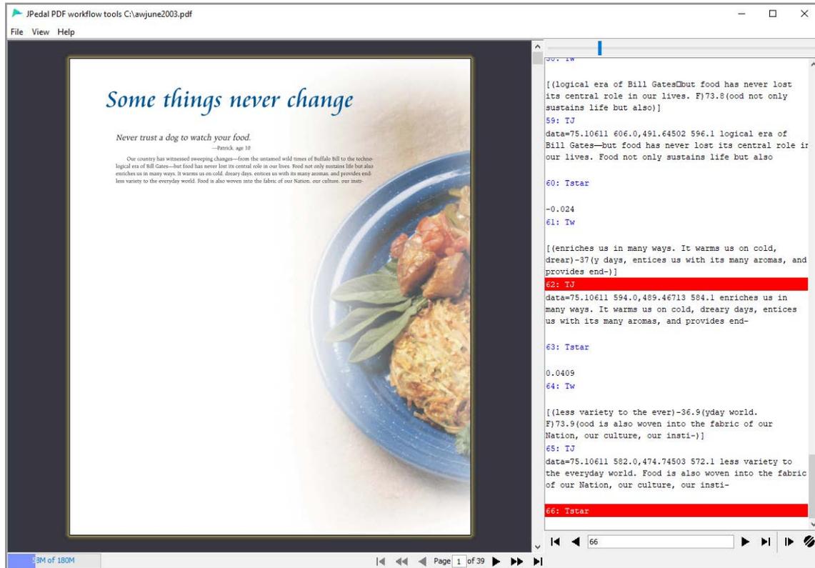 Screenshot of the JPedal PDF viewer showing a PDF page with the title 'Some things never change' and a quote by Patrick age 10. The right pane displays the PDF content stream with commands like 'TJ', 'Tstar', and 'Tw' visible. Some commands are highlighted in red, indicating they are selected or active.