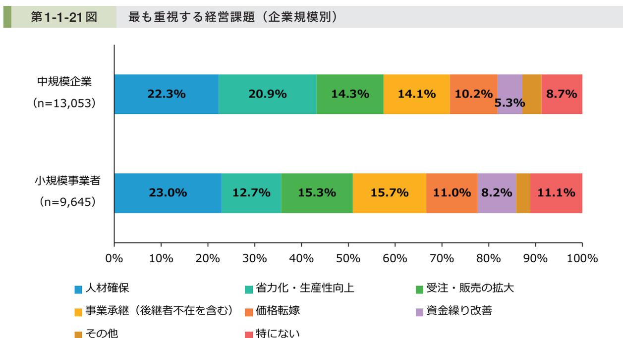 Horizontal stacked bar chart showing the most important management issues for medium-sized enterprises and small-scale businesses. The chart compares percentages for eight categories across two groups.