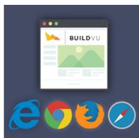 Screenshot of BuildVu interface showing a document preview and browser icons (IE, Chrome, Firefox, Safari).