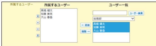 所属ユーザーを変更する画面のスクリーンショット。左側に「所属するユーザー」リスト（高橋 健太、加藤 美咲、大山 春香）、中央に「追加」や「削除」ボタン、右側に「ユーザー一覧」検索とリスト（同3名）が表示されている。